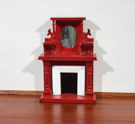 Dollhouse Fireplace Victorian with Mirror Wood with a Mahogany Finish 1:12 Scale Miniature Furniture
