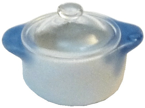 Dollhouse Small Stock Soup or Bean Pot with Lid White & Blue Ceramic 1:12 Scale