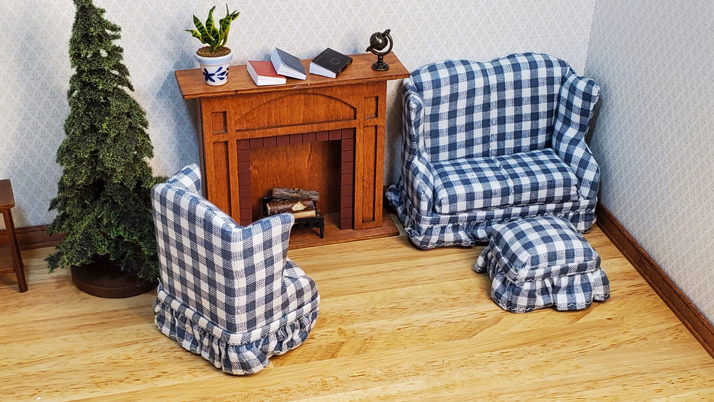 Dollhouse Small Sofa Chair Ottoman Gray Plaid 1:12 Scale Miniature Furniture