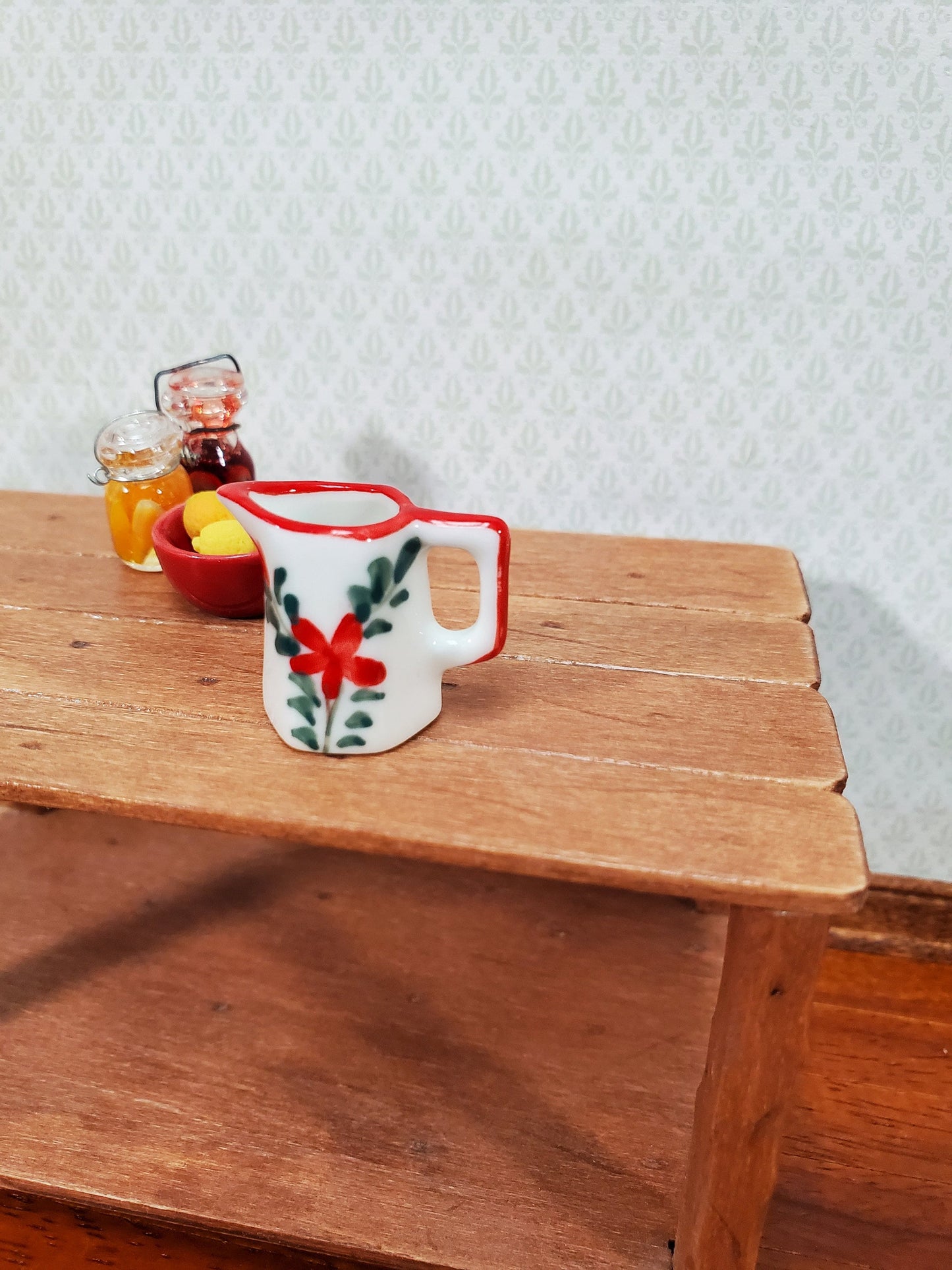 Dollhouse Ceramic Pitcher White Green Red Floral Design with Handle 1:12 Scale