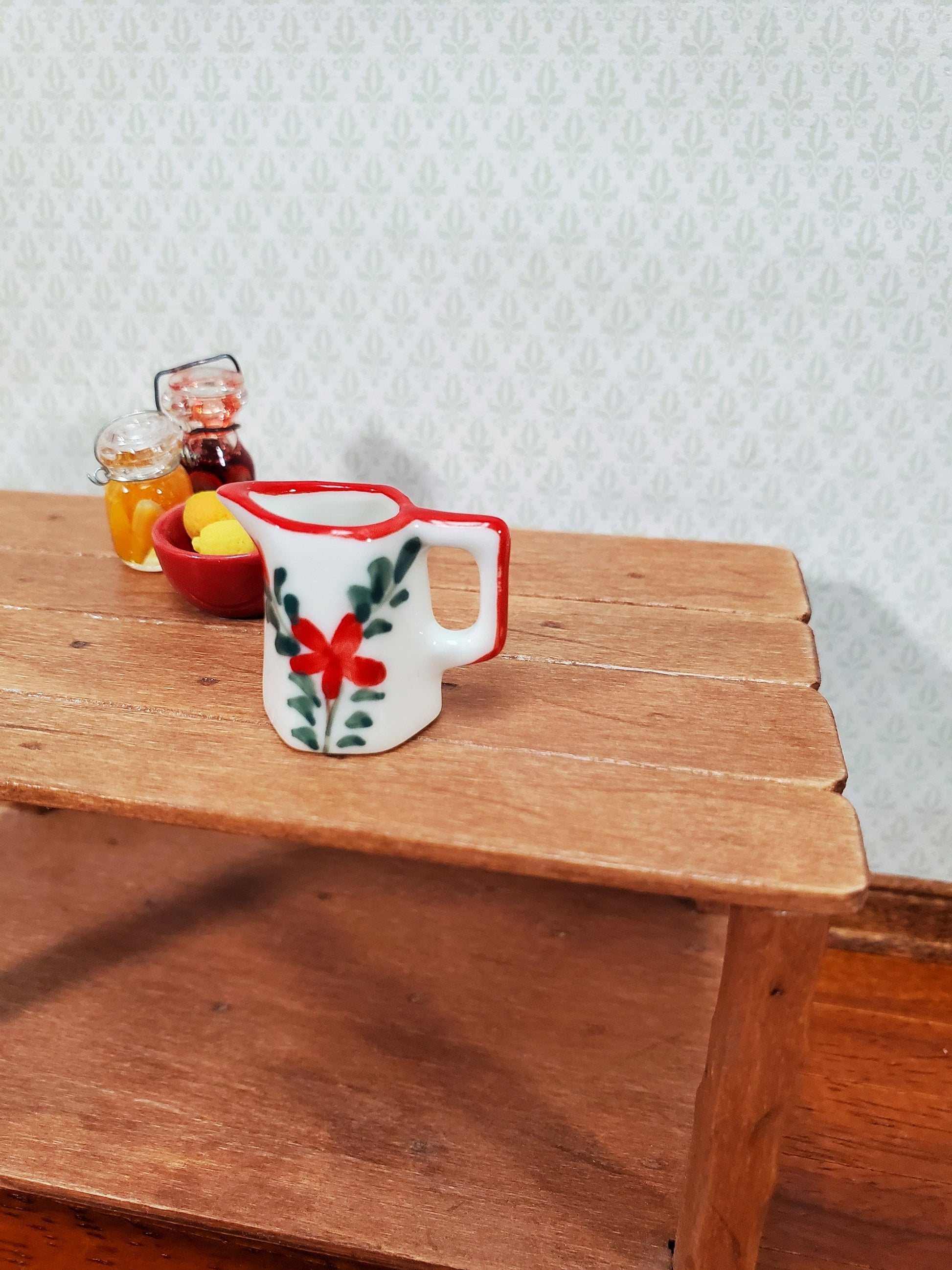 Dollhouse Ceramic Pitcher White Green Red Floral Design with Handle 1:12 Scale