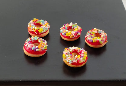 Dollhouse Donuts x5 Red with Sprinkles 1:12 Scale Miniature Food Dessert Bakery