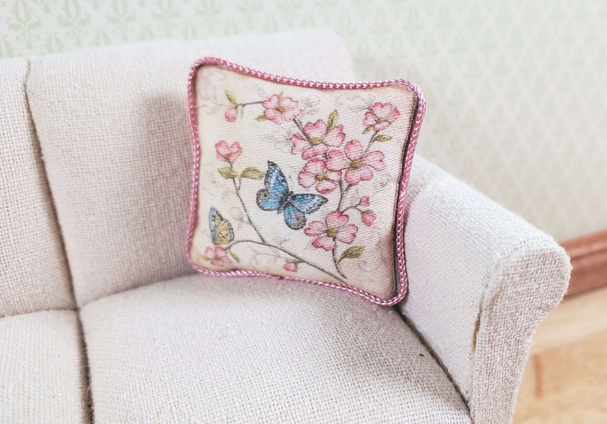 Dollhouse Blue Butterfly Pillow Lavender Trim Handmade 1:12 Scale Miniature