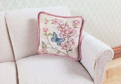 Dollhouse Blue Butterfly Pillow Lavender Trim Handmade 1:12 Scale Miniature