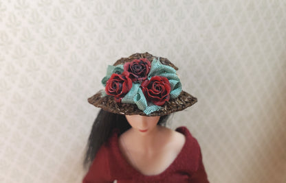 Dollhouse Victorian Hat Brown with Red Roses Handmade 1:12 Scale Miniature