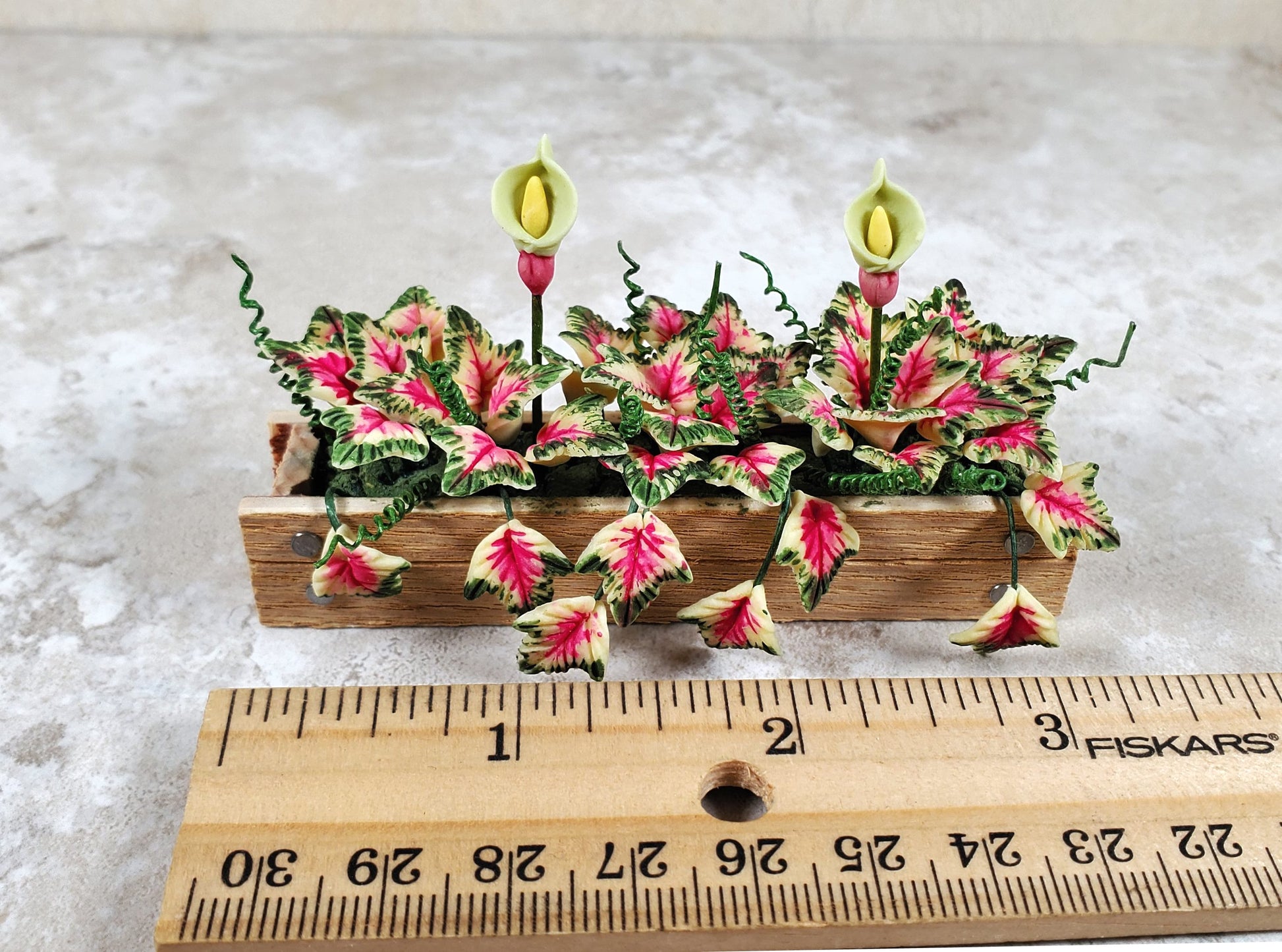 Dollhouse Caladiums in a 3.25" Wooden Window Box Planter 1:12 Scale Miniature
