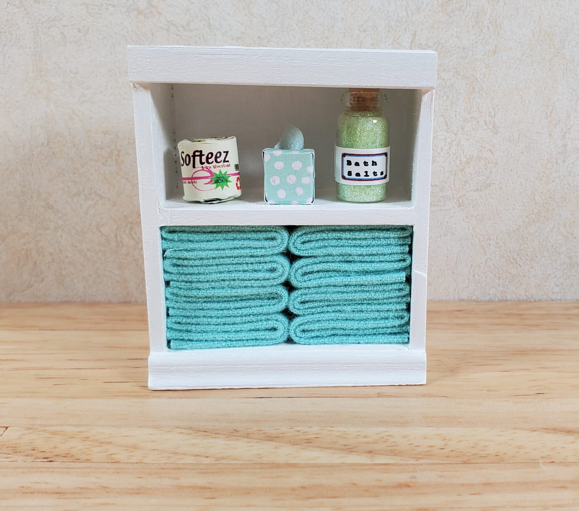 Dollhouse Bathroom Shelf with Teal Towels & Accessories 1:12 Scale Handmade
