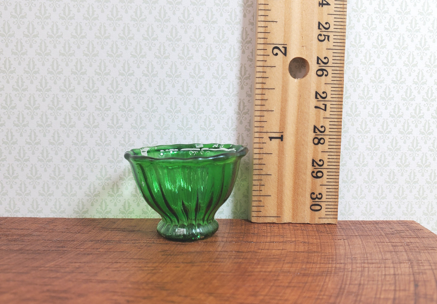 Dollhouse Crystal Green Glass Flared Footed Bowl 1:12 Scale Some Color Flaw
