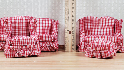 Dollhouse Living Room Set 4 pc Red Plaid 1:12 Scale Miniature Furniture