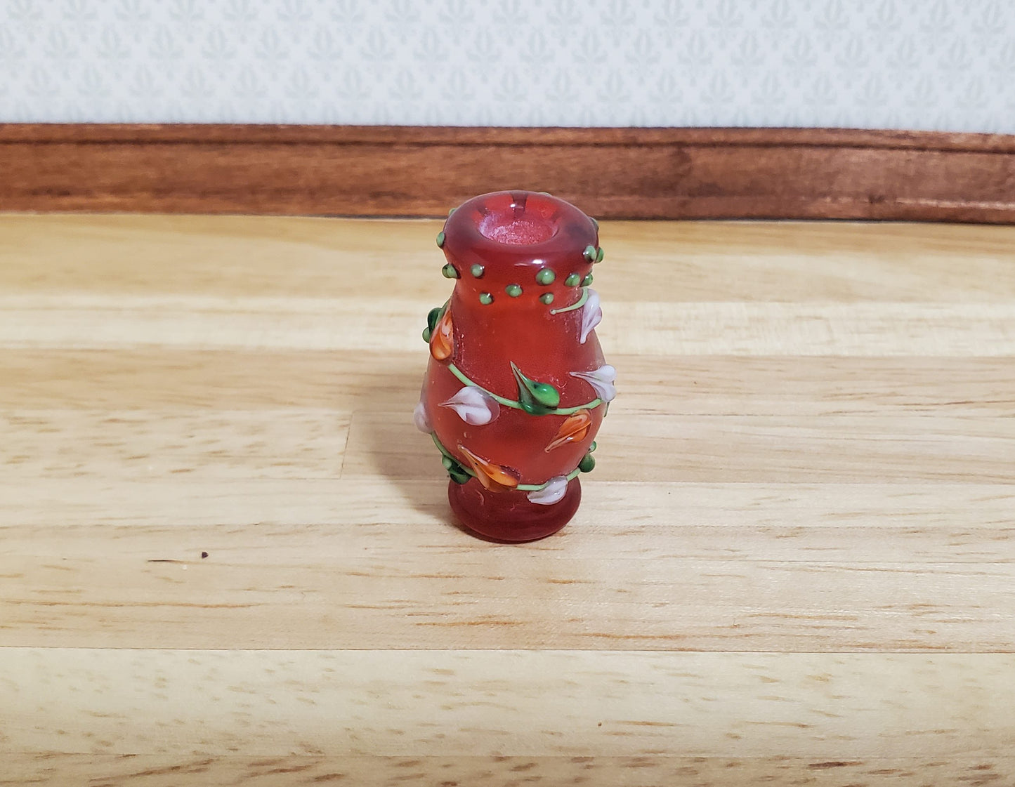 Dollhouse Floor Vase Red Fused with Leaves Use in 1:12 or 1/6 Scale Miniature