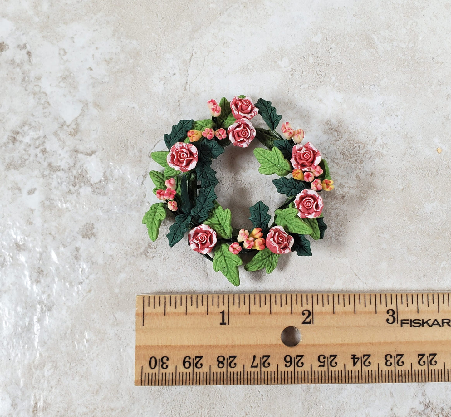 Dollhouse Pink and White Roses in a Floral Wreath 1:12 Scale Miniature