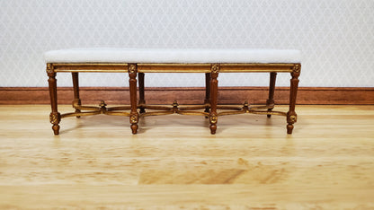 Dollhouse JBM Long Bench Walnut Finish White Padded Seat 1:12 Scale Furniture