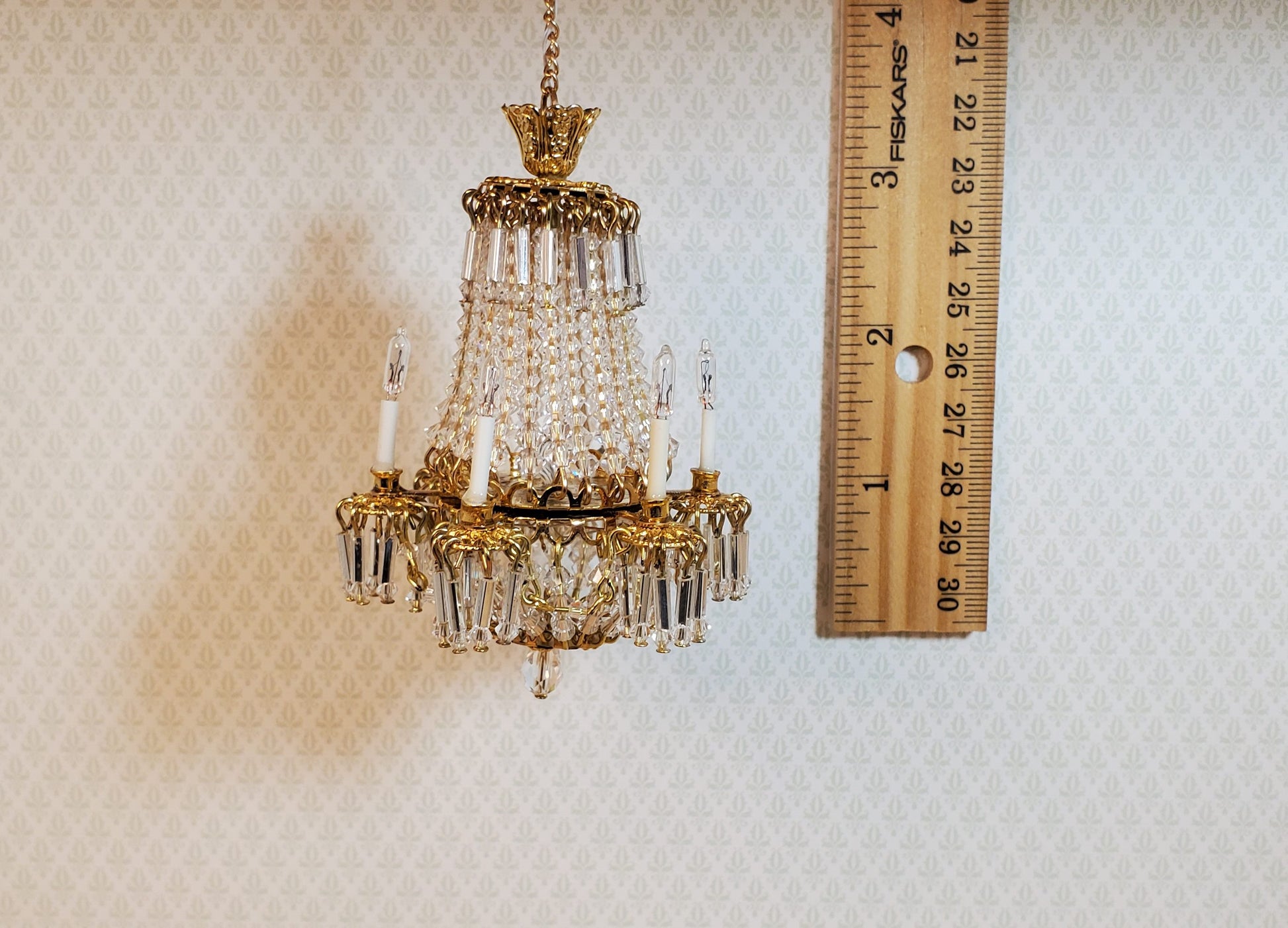 Dollhouse Fancy 6 Arm Grand Chandelier Real Glass Crystals 12 Volt 1:12 Scale