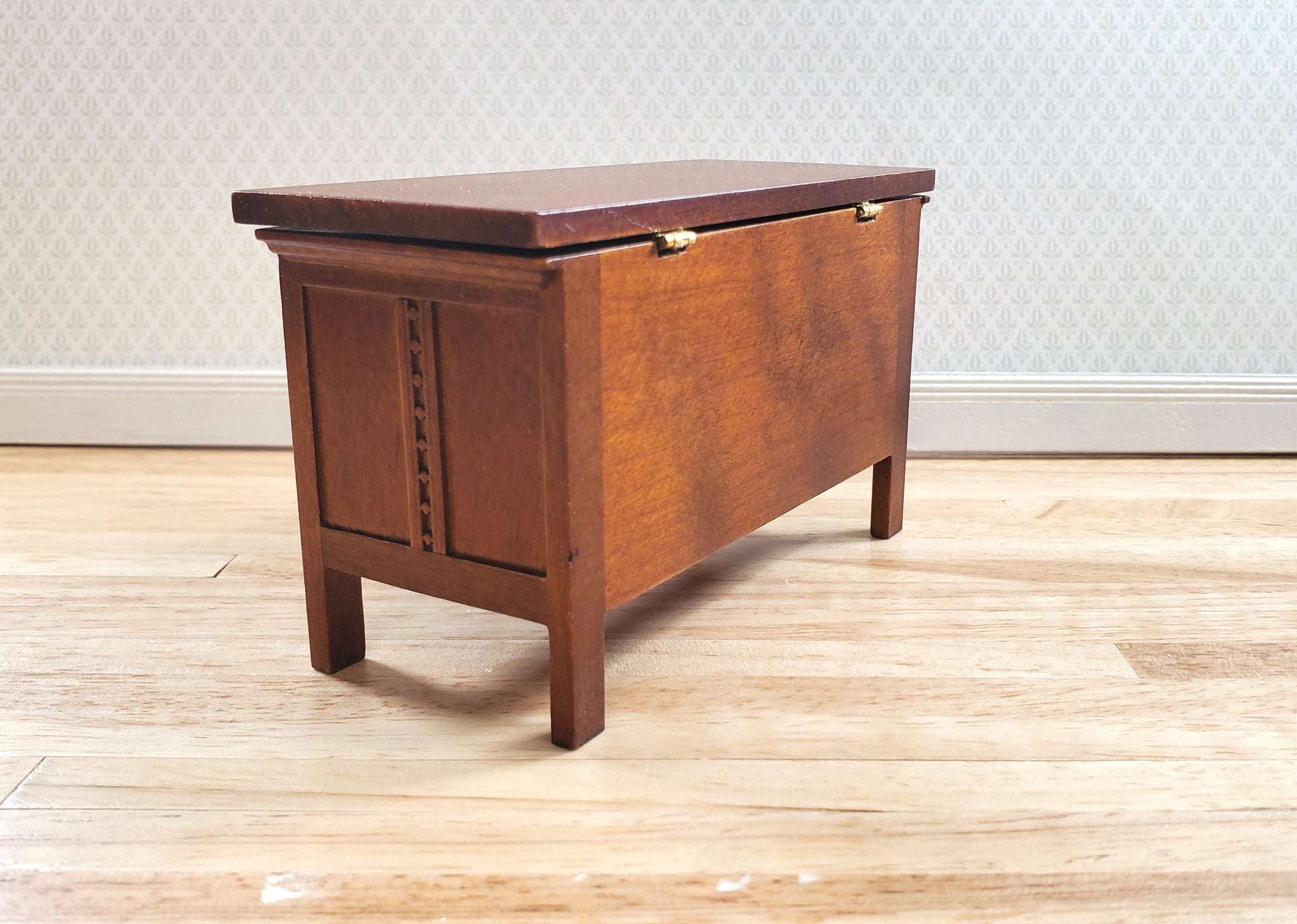JBM Dollhouse Trunk Chest Tudor Gothic Style Walnut Finish 1:12 Scale Miniature