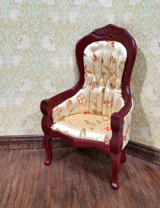 Dollhouse Chair Victorian Style Gold Floral Print 1:12 Miniature Mahogany Finish