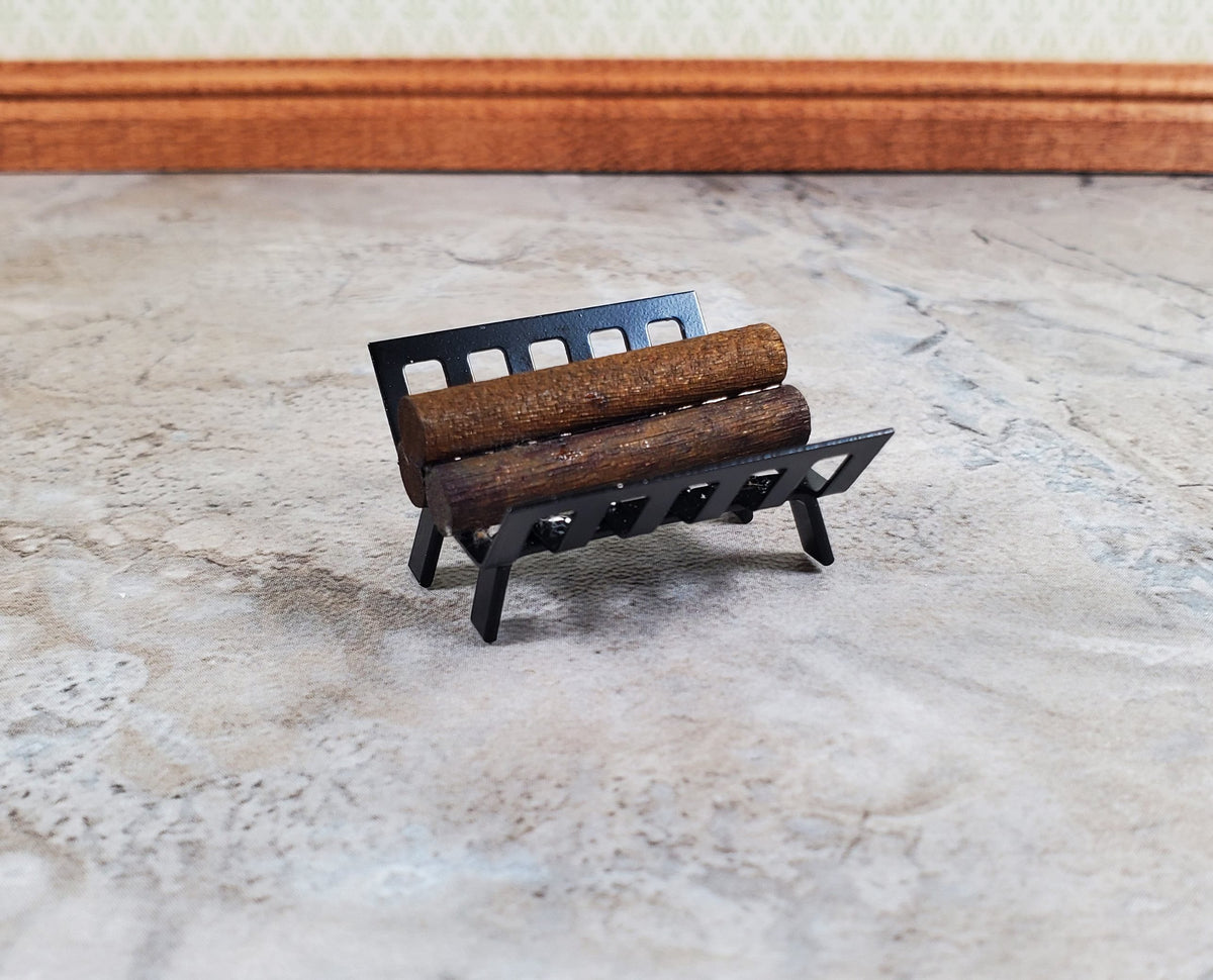 Dollhouse Fireplace Log Grate with Logs Rack Small Black Metal 1:12 Scale