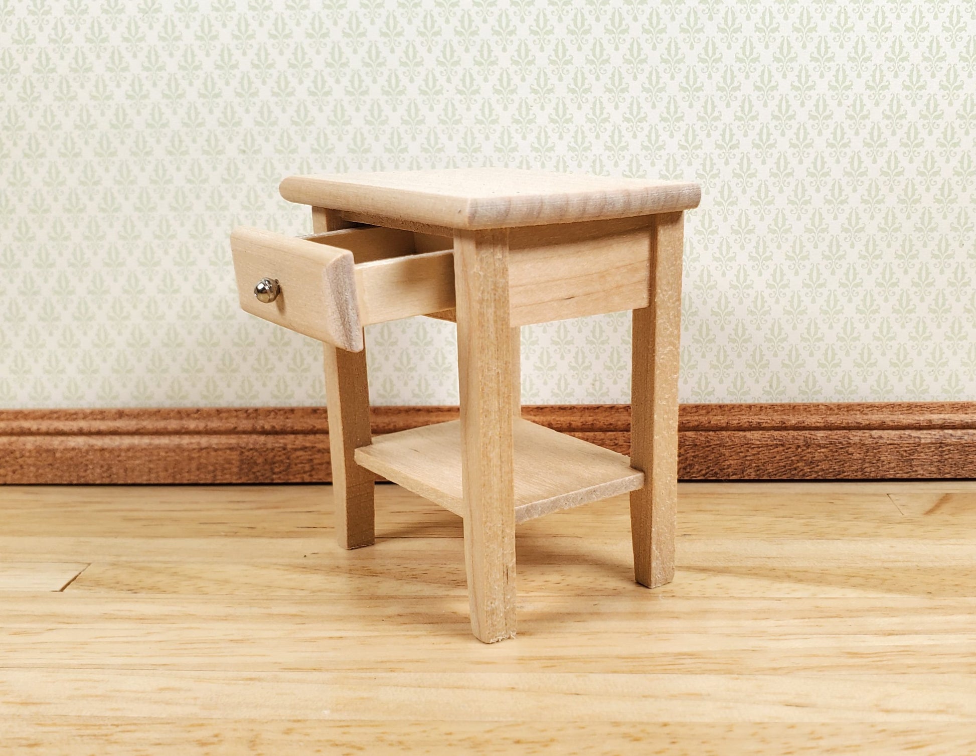 Dollhouse Side Table Night Stand with Drawer Wood 1:12 Scale Furniture Unpainted