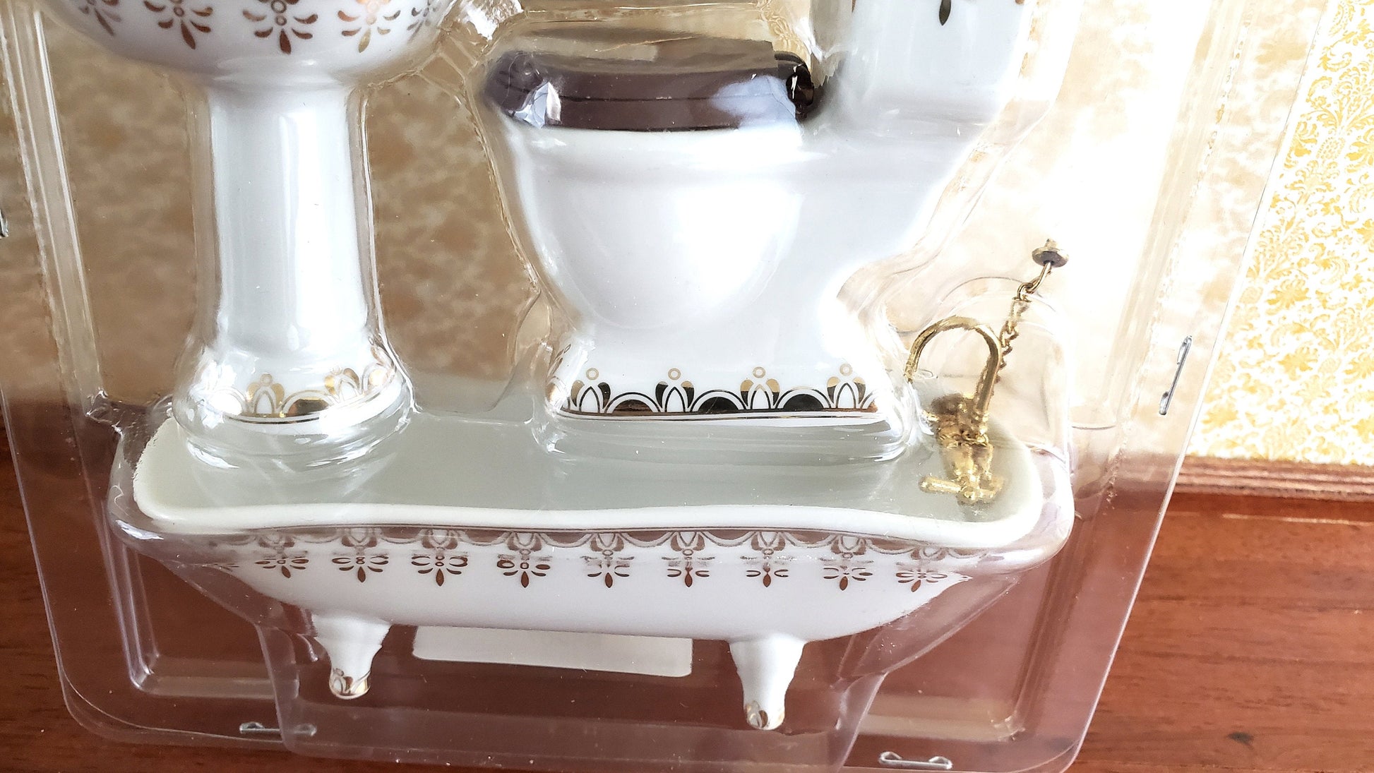 Dollhouse Miniature Bathroom Set Tub Toilet Sink Mirror White & Gold 1:12 Scale