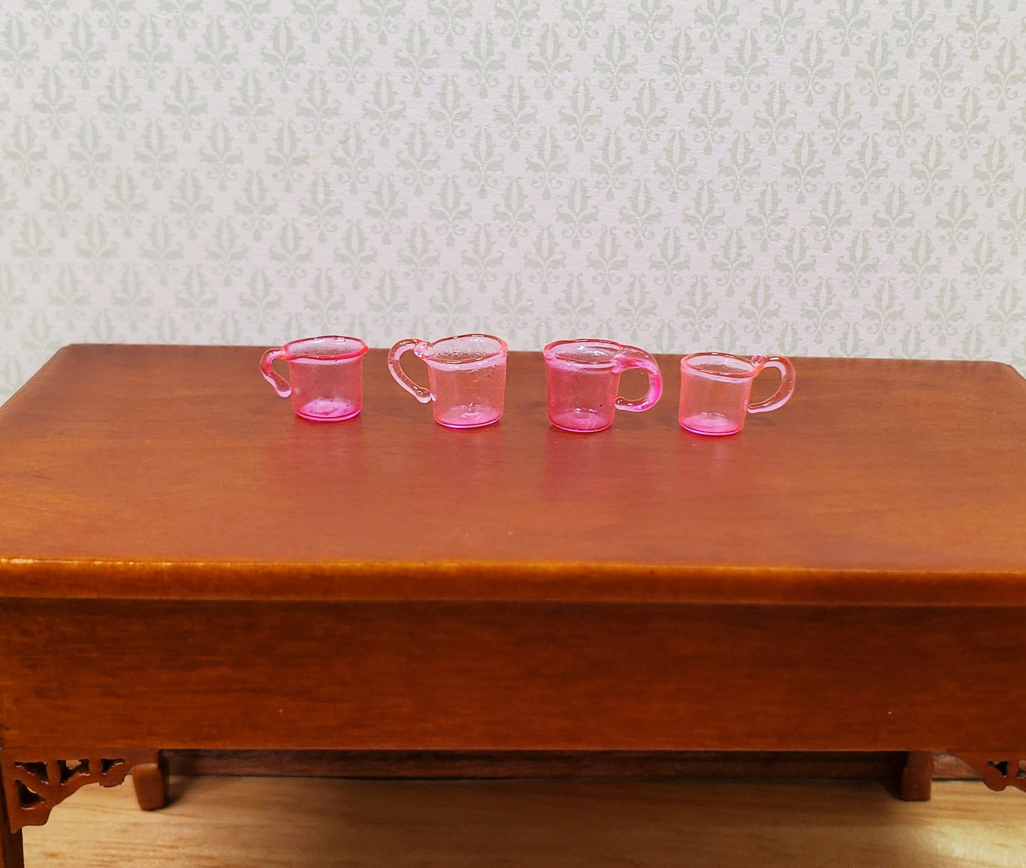 Dollhouse HALF SCALE Bright Pink Glass Cups with Handles Set of 4 1:24 Miniature