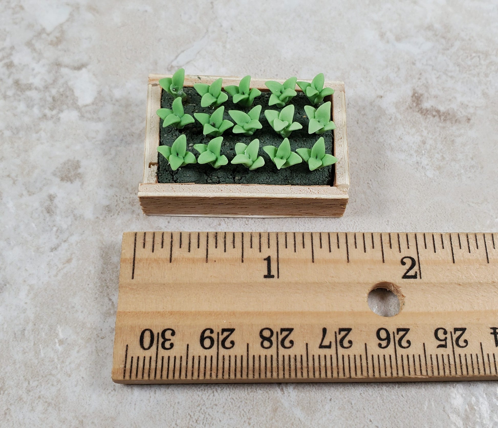 Dollhouse Green Seedlings in a Rectangular Wood Tray 1:12 Scale Miniature