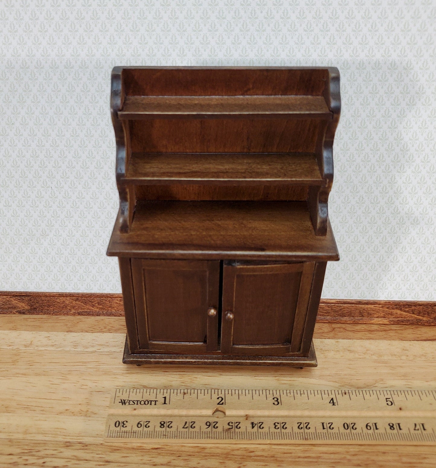 Dollhouse Tall Hutch Cabinet with Shelves Dark Walnut Finish 1:12 Scale Furniture