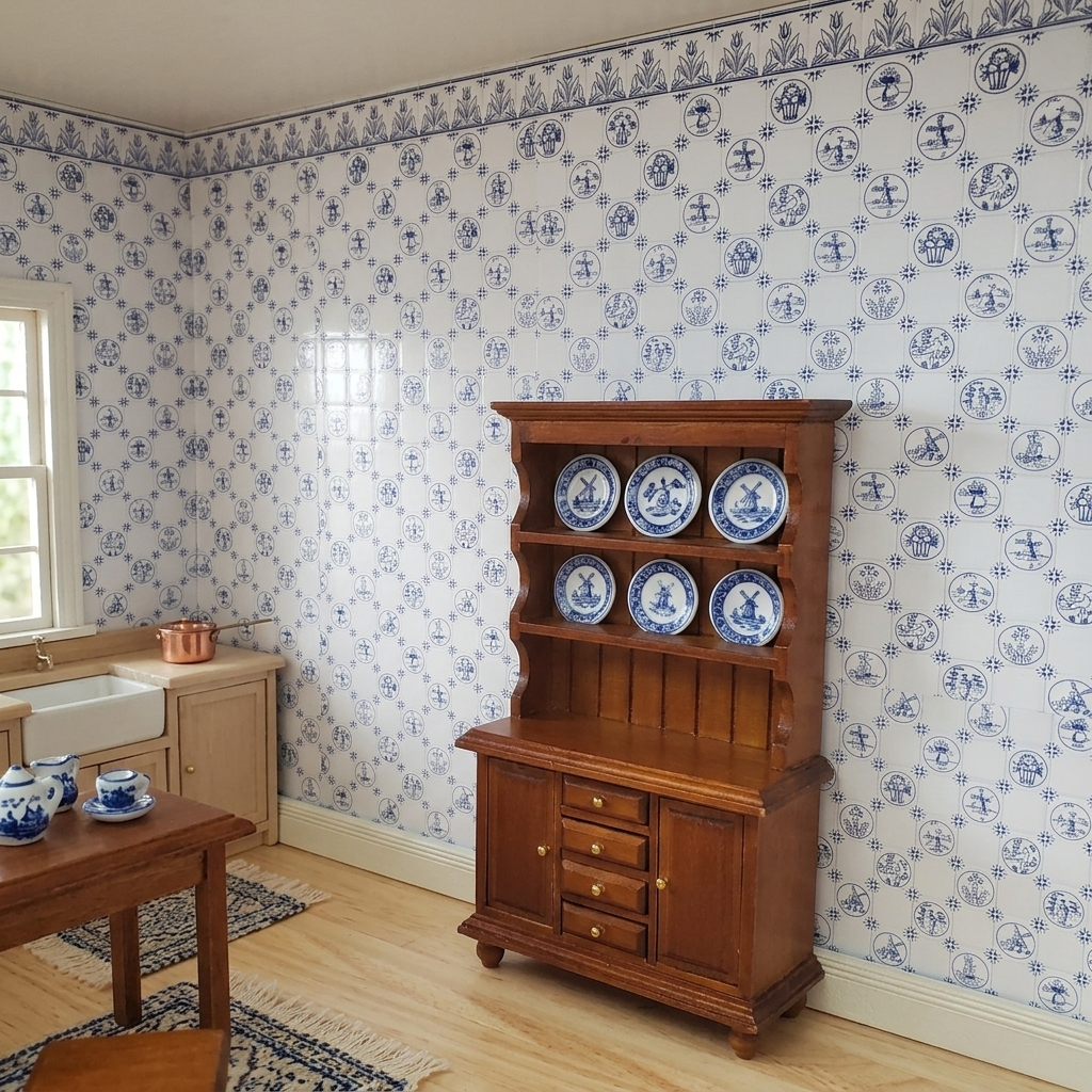 Dollhouse Delft Tile Dutch Wallpaper Blue Embossed Card 1:12 Scale Miniature