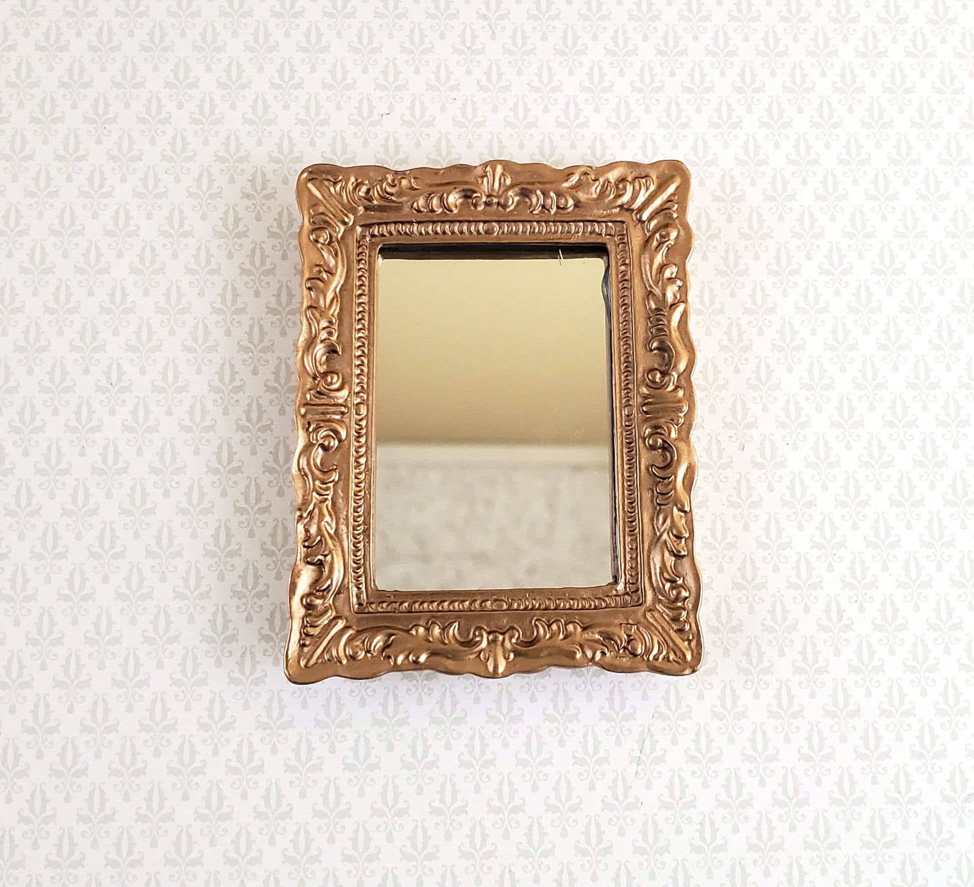 Dollhouse Miniature Mirror with Fancy Gold Frame 1:12 Scale 2 5/8" x 2"