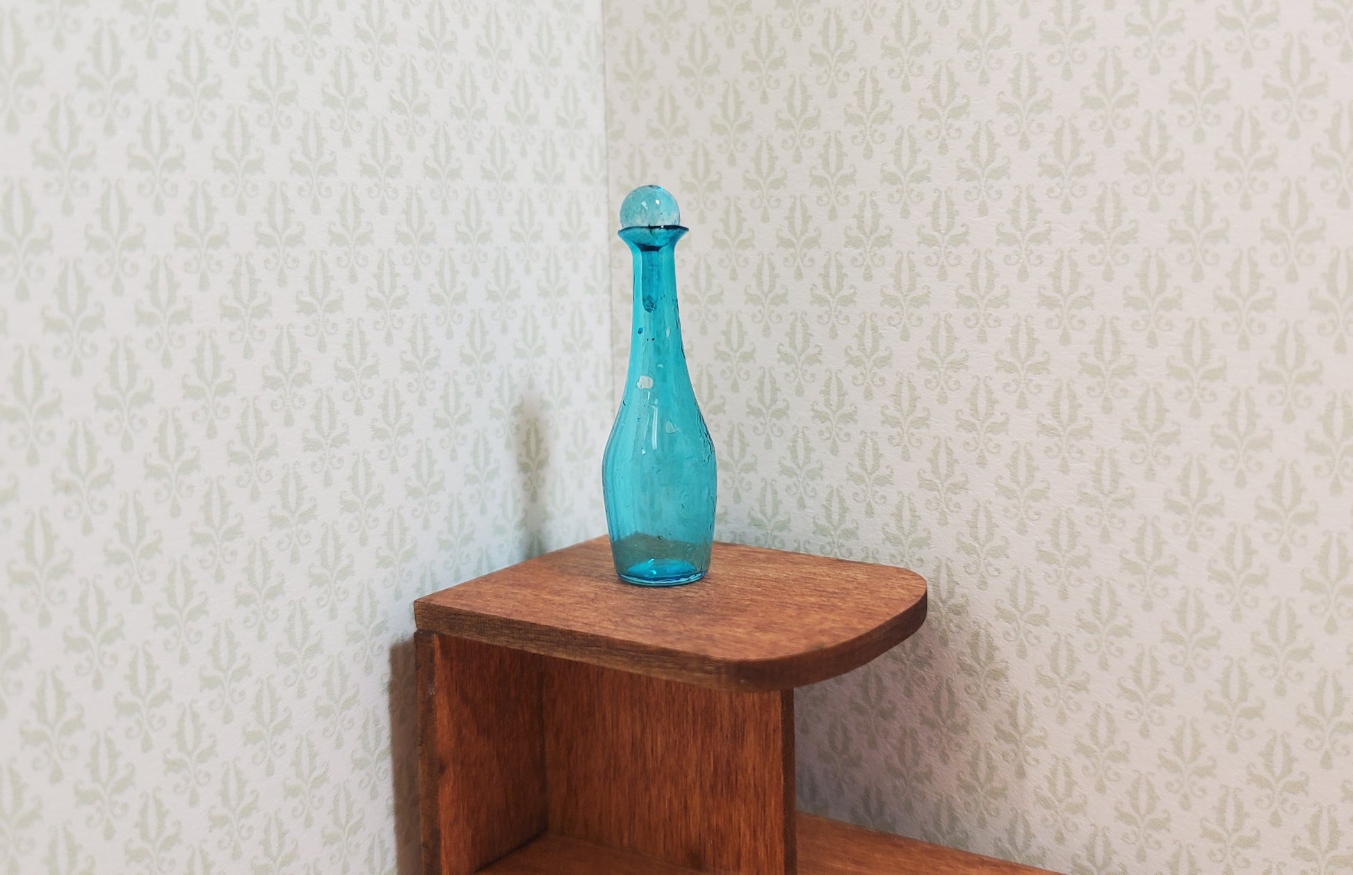Dollhouse Tall Turquoise Blue Glass Decanter 1:12 Scale Miniature Dining Decor