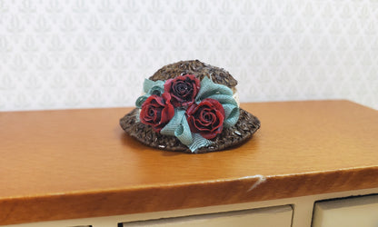 Dollhouse Victorian Hat Brown with Red Roses Handmade 1:12 Scale Miniature