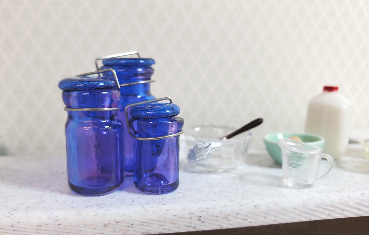 Dollhouse Round Glass Canning Jars Blue/Purple Set of 3 1:12 Scale Miniature