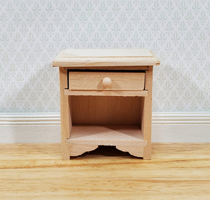 Dollhouse Nightstand Side Table with Drawer Unpainted Wood 1:12 Scale Miniature Furniture