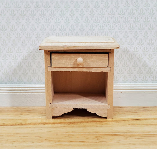 Dollhouse Nightstand Side Table with Drawer Unpainted Wood 1:12 Scale Miniature Furniture