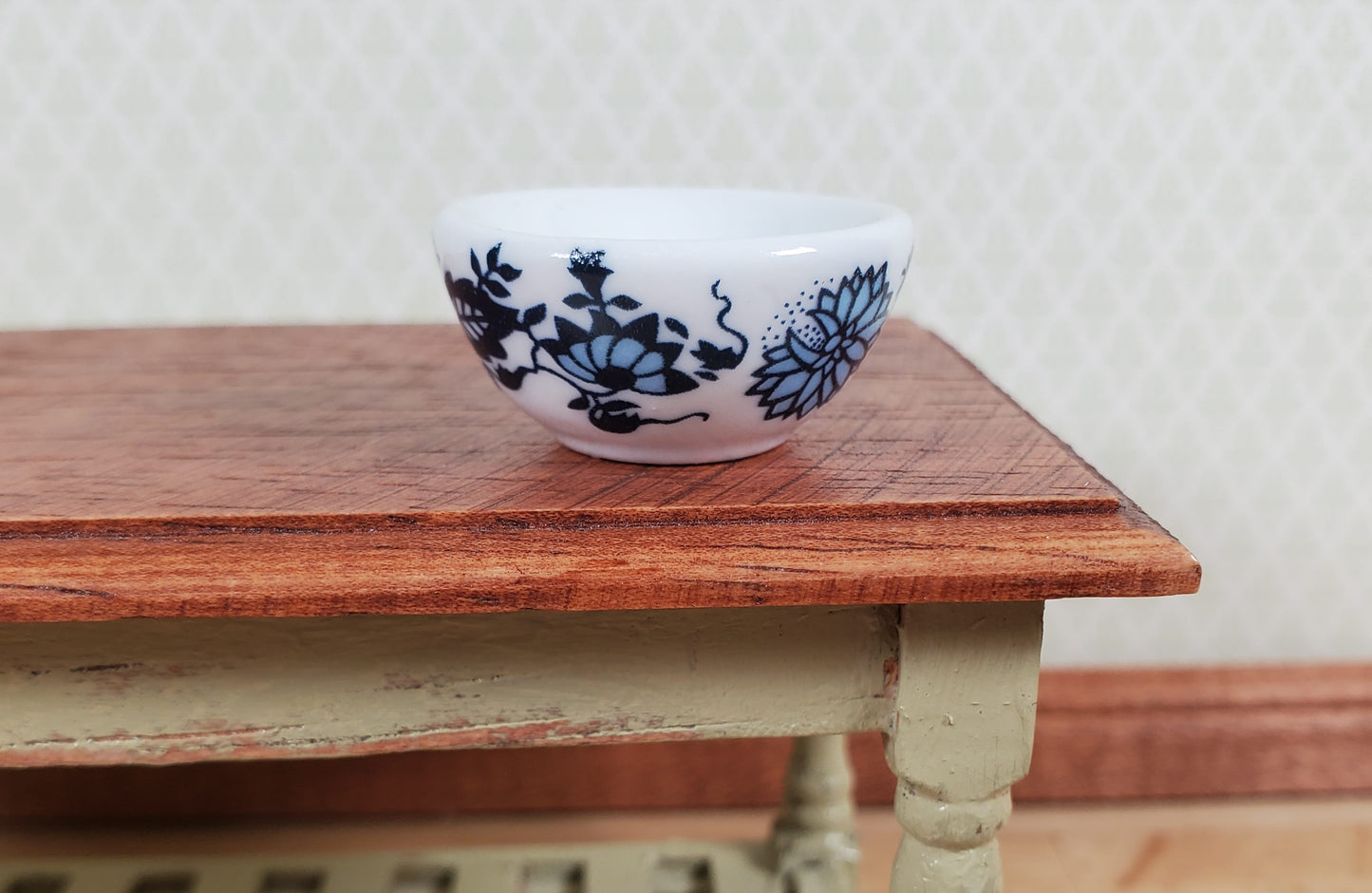 Dollhouse Large Serving Bowl Ceramic Blue White Floral 1:12 Scale Miniature