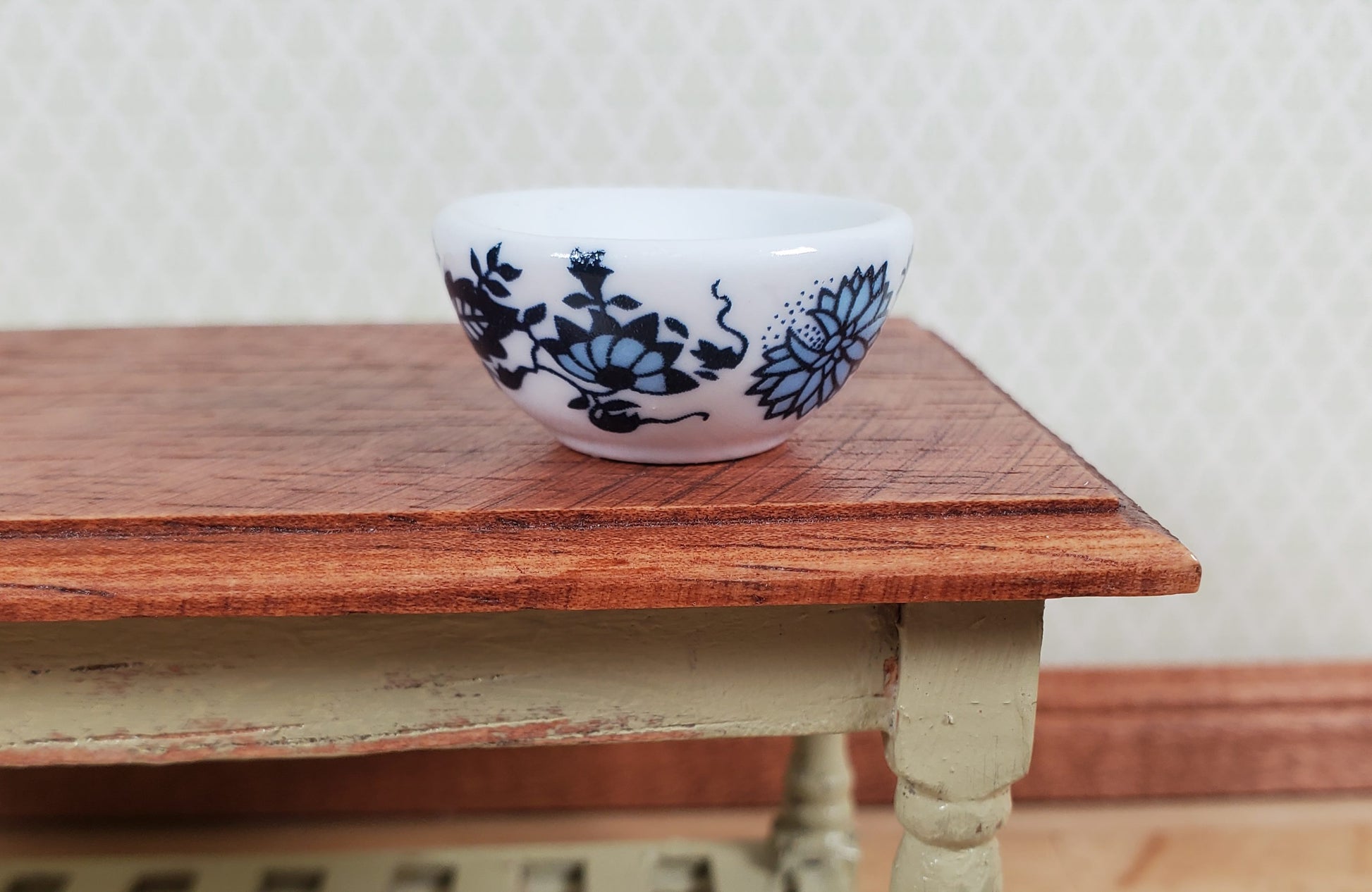 Dollhouse Large Serving Bowl Ceramic Blue White Floral 1:12 Scale Miniature