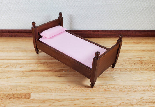 Dollhouse Single Bed Wood with a Walnut Finish Pink Sheets 1:12 Scale Miniature
