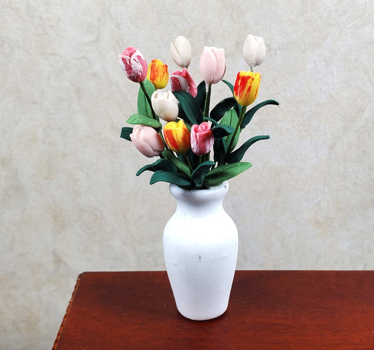 Dollhouse Assorted Tulips with Foliage in Large White Vase 1:12 Scale Miniature