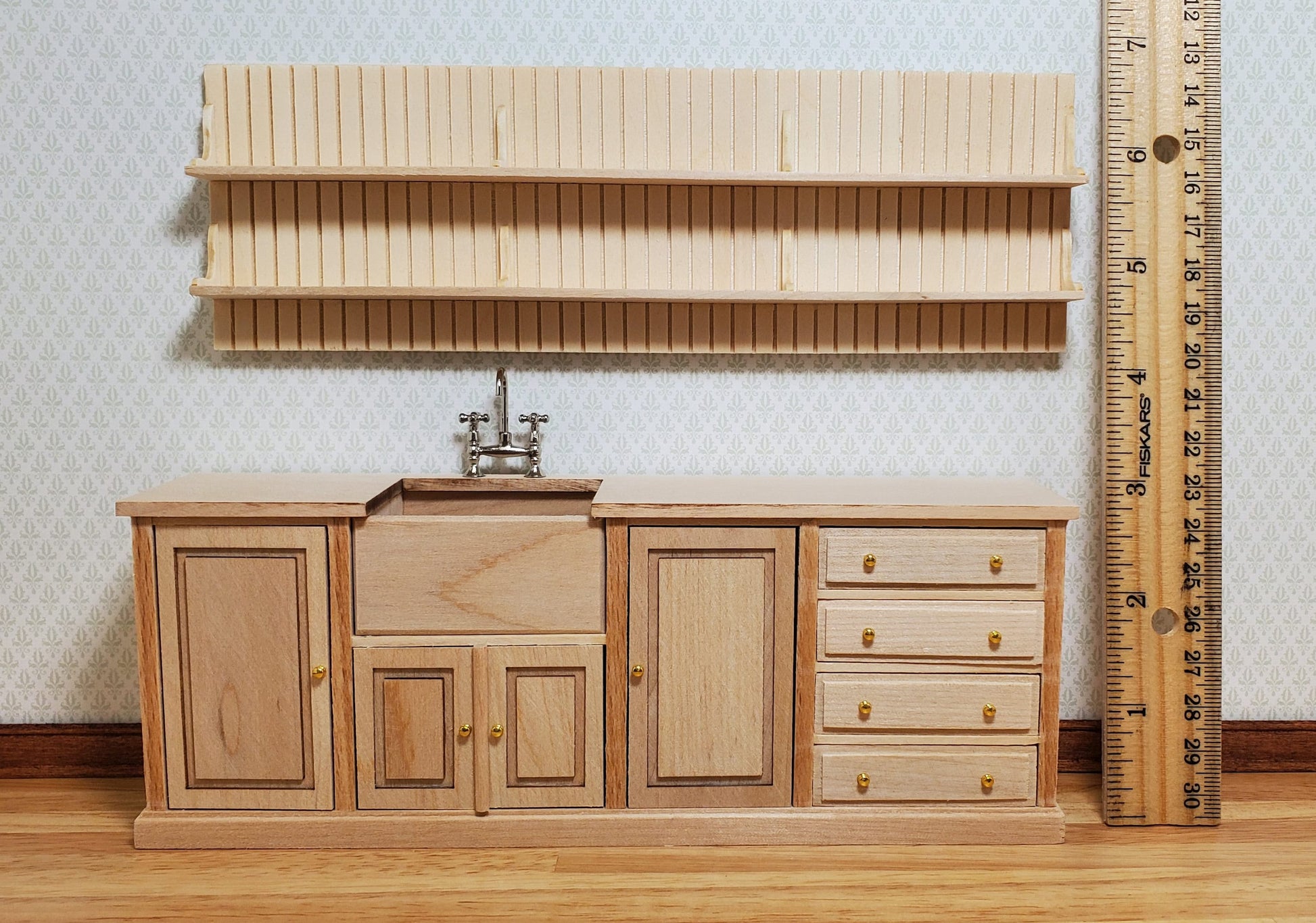 JBM Dollhouse Kitchen Sink & Plate Shelf Farmhouse Style Unfinished 1:12 Scale