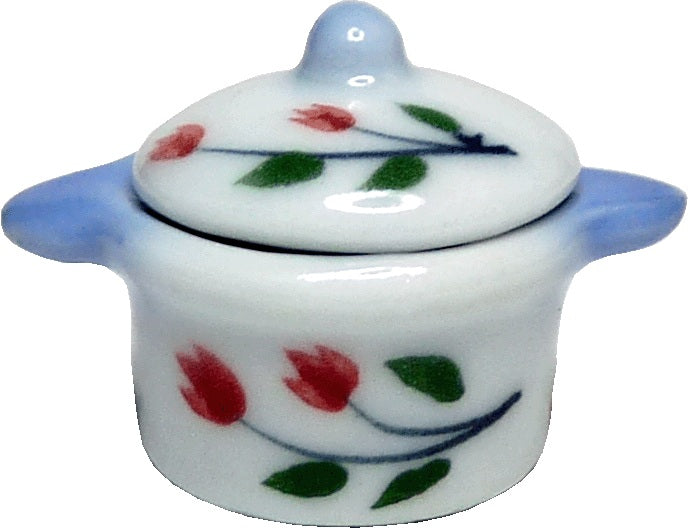 Dollhouse Miniature Ceramic Stock Pot with Lid Blue & Red Floral 1:12 Scale
