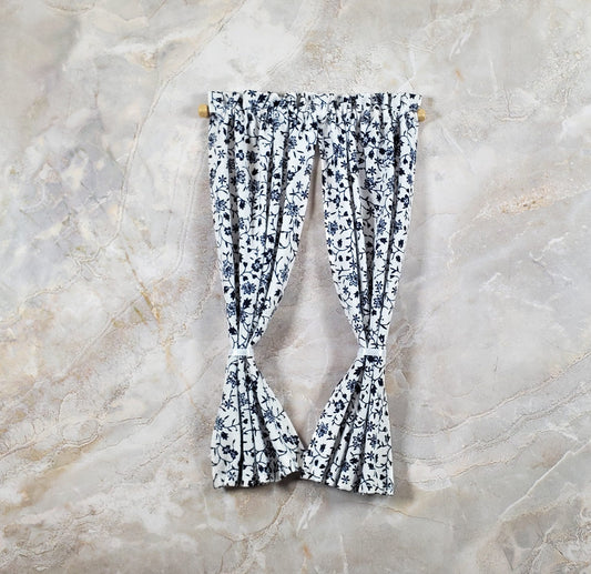 Dollhouse Tie Back Curtains Navy Blue White Floral 1:12 Scale Handmade