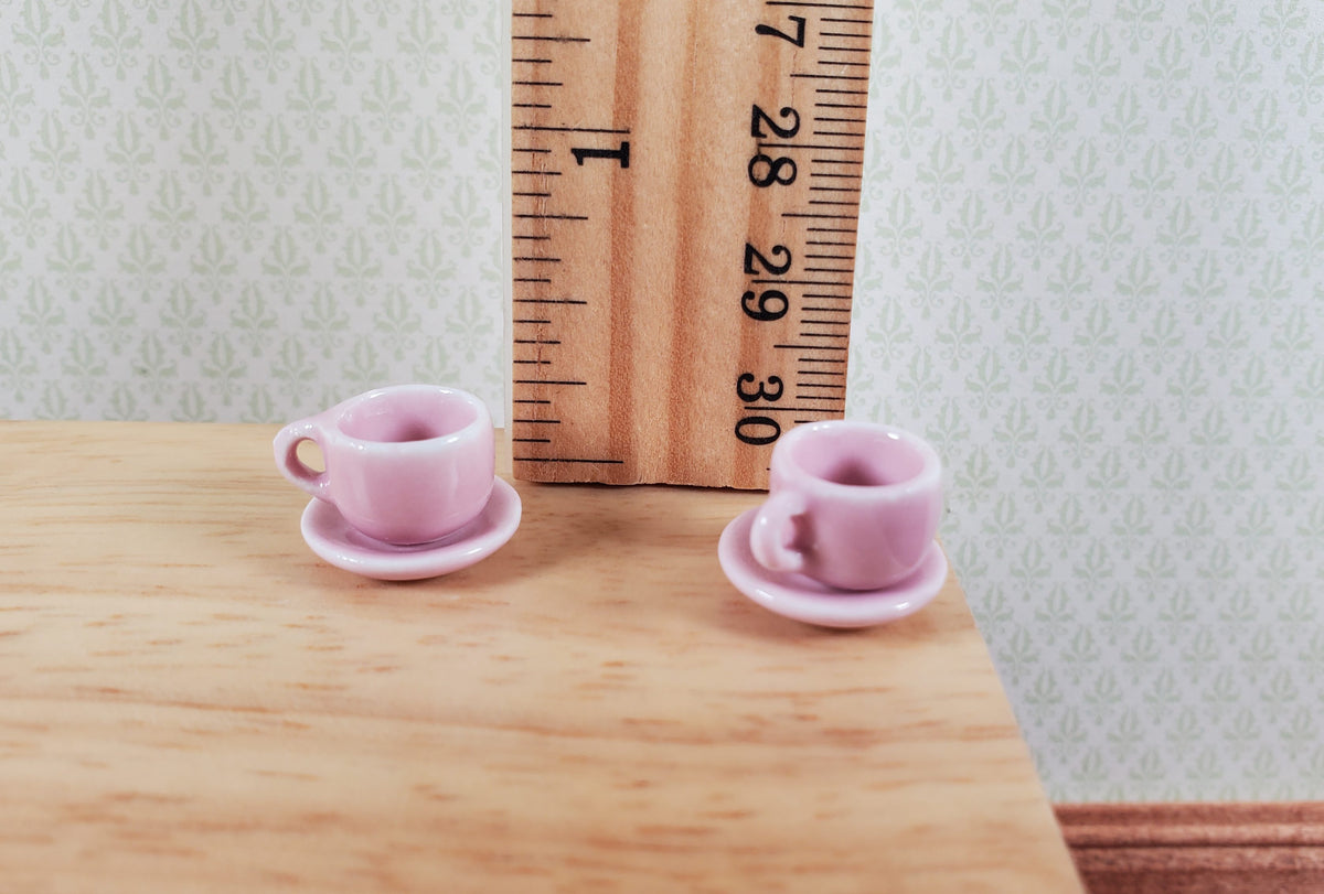 Dollhouse Coffee Mug Cups with Saucer PINK Set of 2 1:12 Scale Miniature Dishes