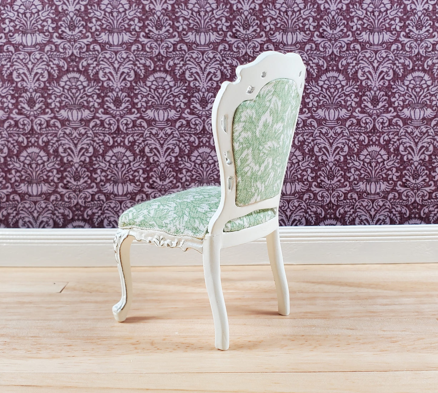 Dollhouse White & Gold Side Chair Green Fern Fabric 1:12 Scale Furniture Hansson