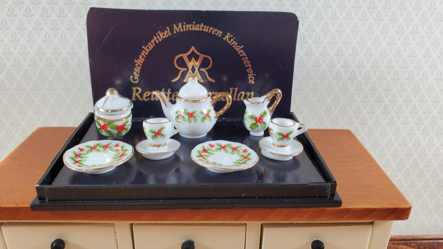 Dollhouse Tea Set Mistletoe Reutter Porcelain 1:12 Scale Teapot Cups Cream Sugar
