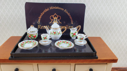 Dollhouse Tea Set Mistletoe Reutter Porcelain 1:12 Scale Teapot Cups Cream Sugar