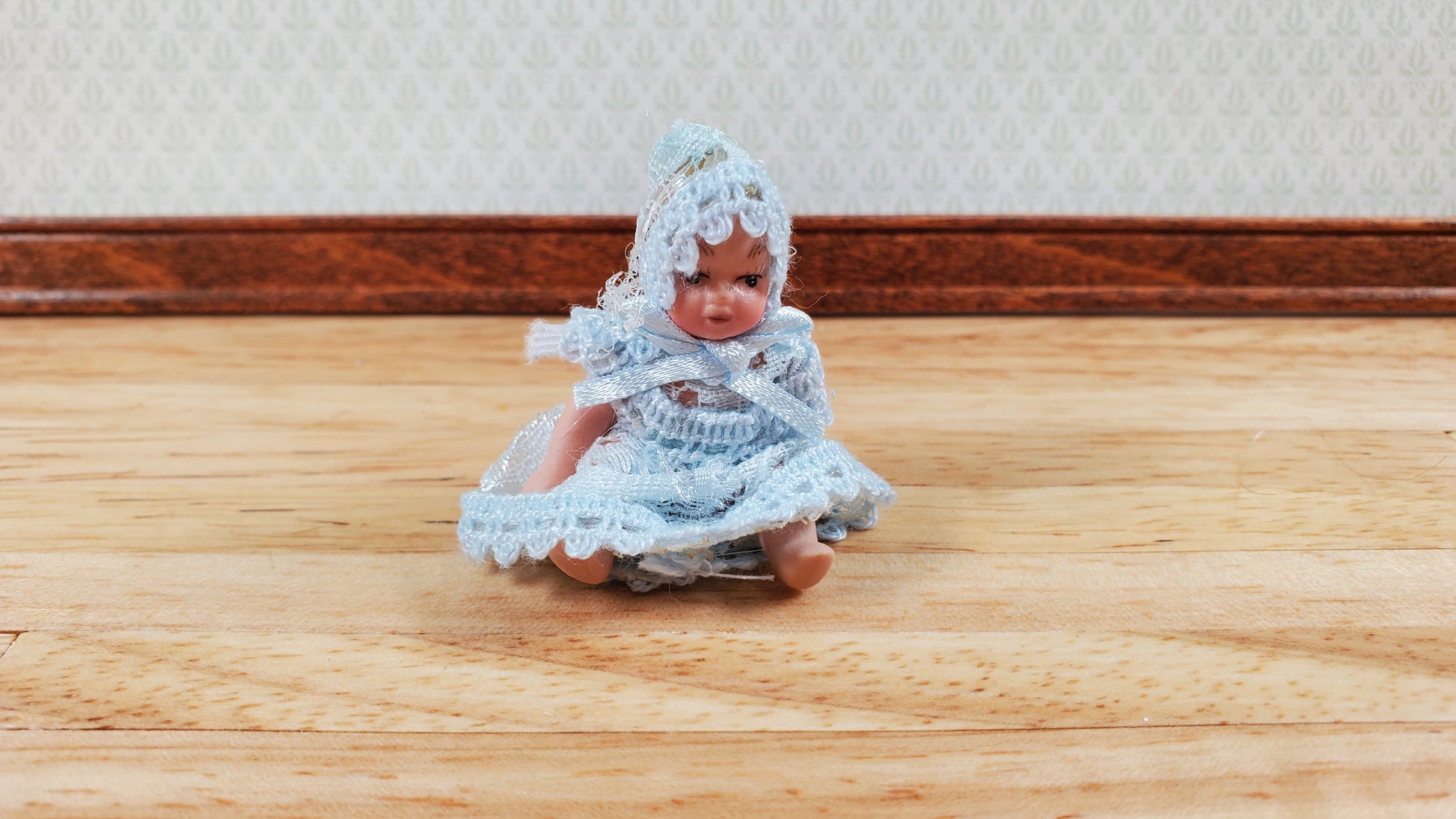 Dollhouse Baby Doll Porcelain Moveable 1:12 Scale Miniature Blue Lace Outfit