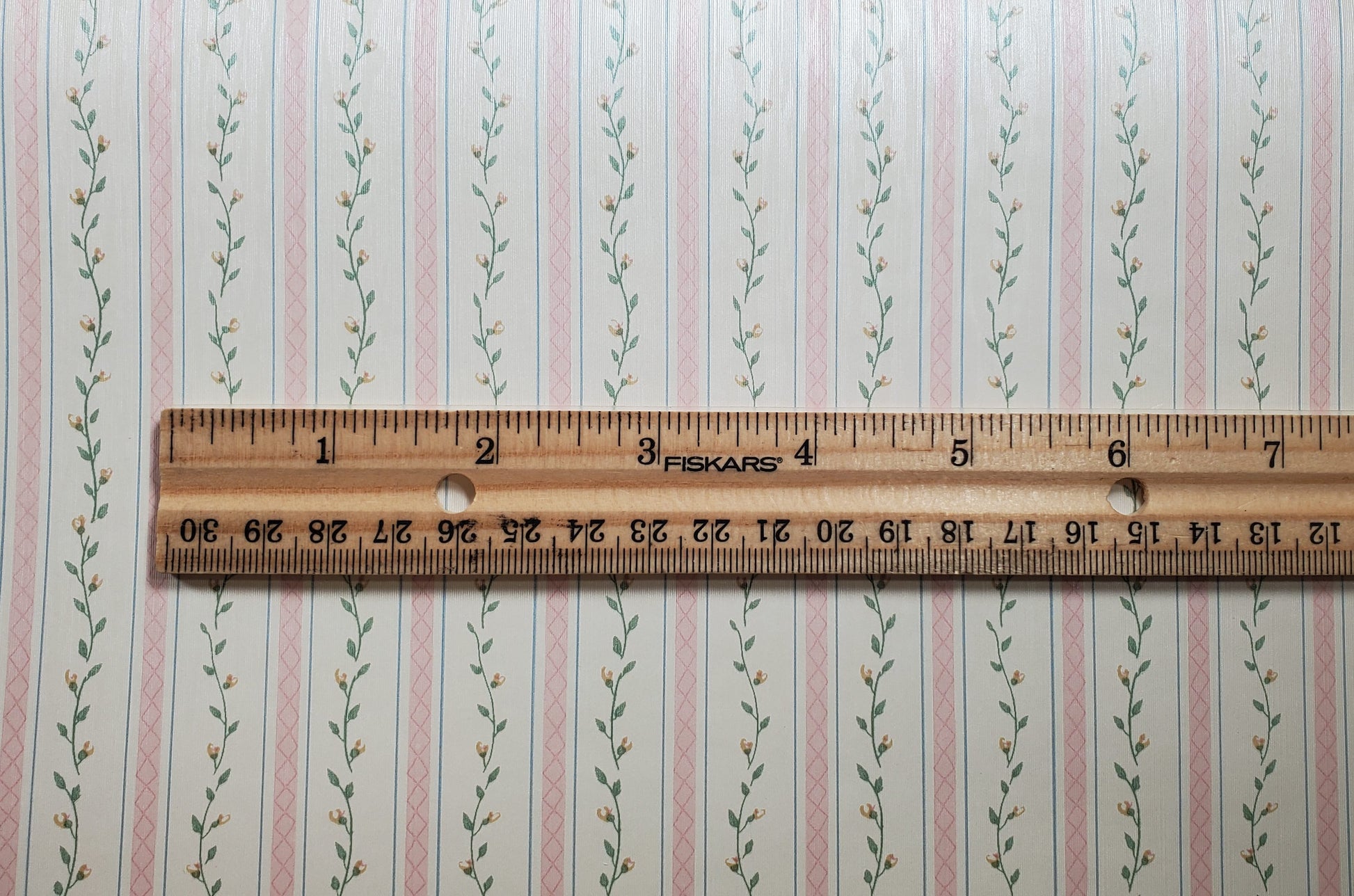 Dollhouse Wallpaper Pink Strip Floral Vine 3 Sheets 1:12 Scale Cream Pink Green
