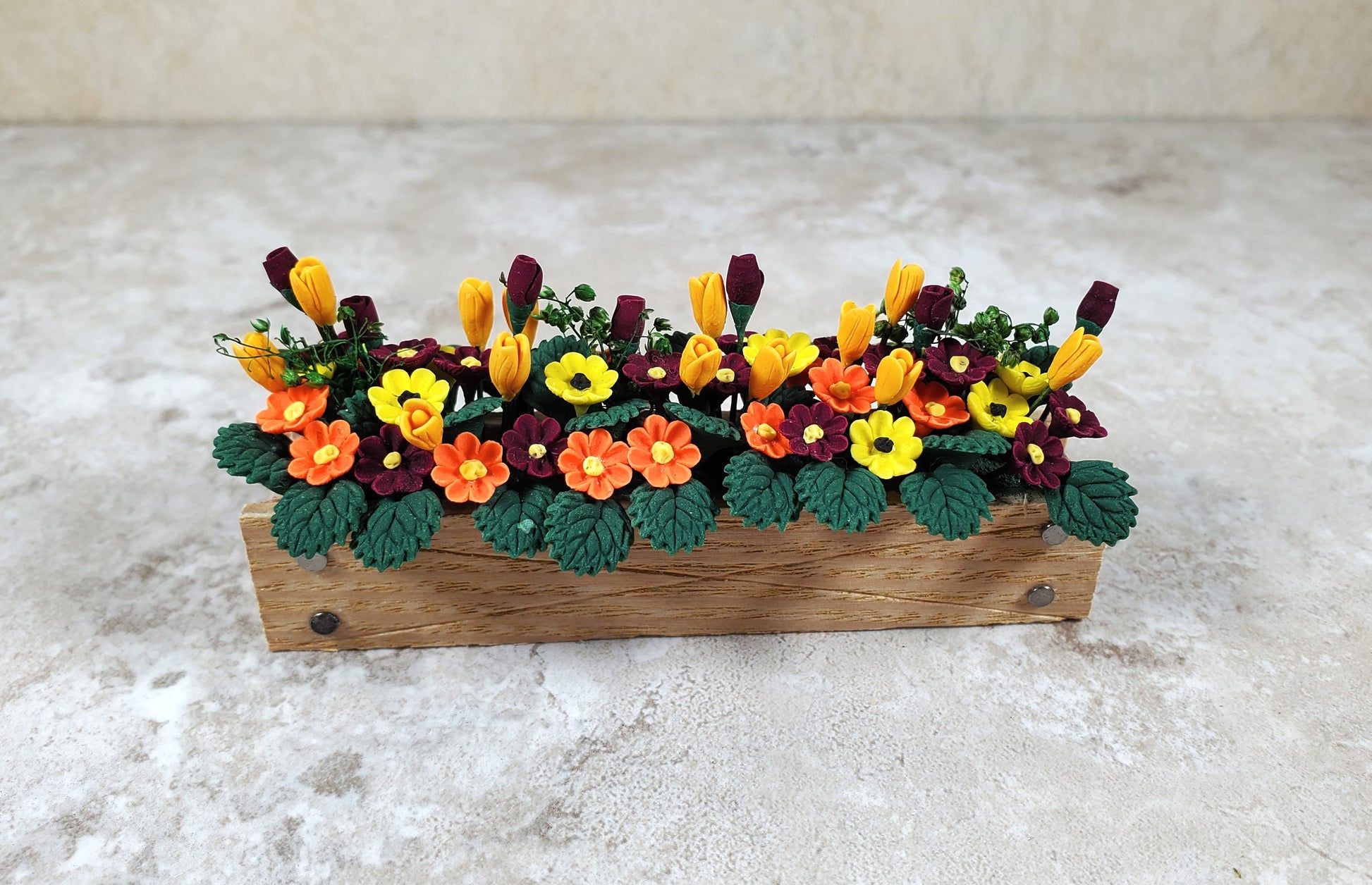Dollhouse Fall Flowers in 3.25" Wooden Window Box Planter 1:12 Scale Miniature