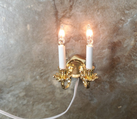 Dollhouse Double Candle Wall Sconce Gold 12 Volt with Plug 1:12 Wall Light