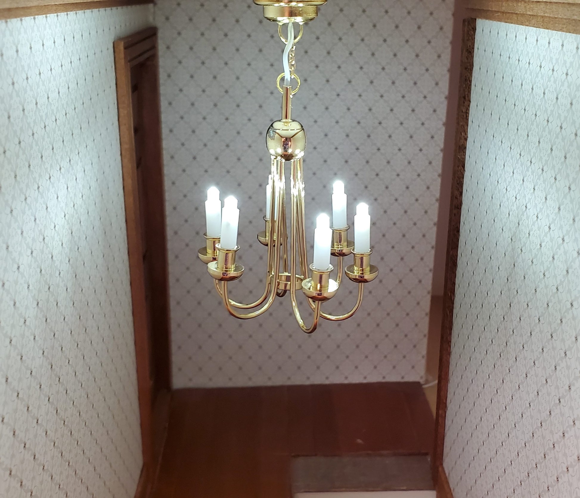 Dollhouse Chandelier LED Battery Operated Gold 6 Arm Light 1:12 Scale Miniature