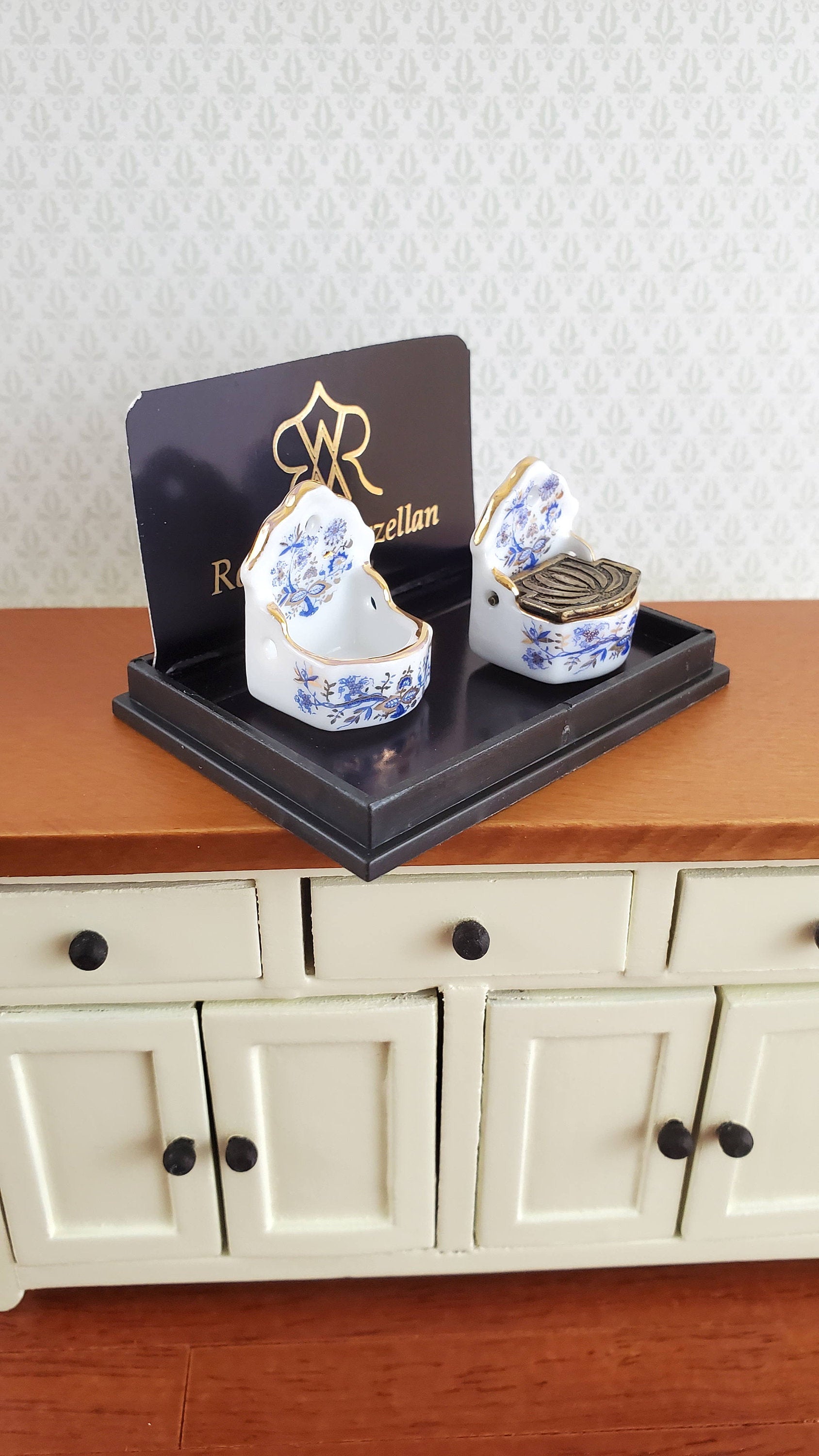 Dollhouse Miniature Salt Cellars Reutter Porcelain 1:12 Scale Blue White Gold