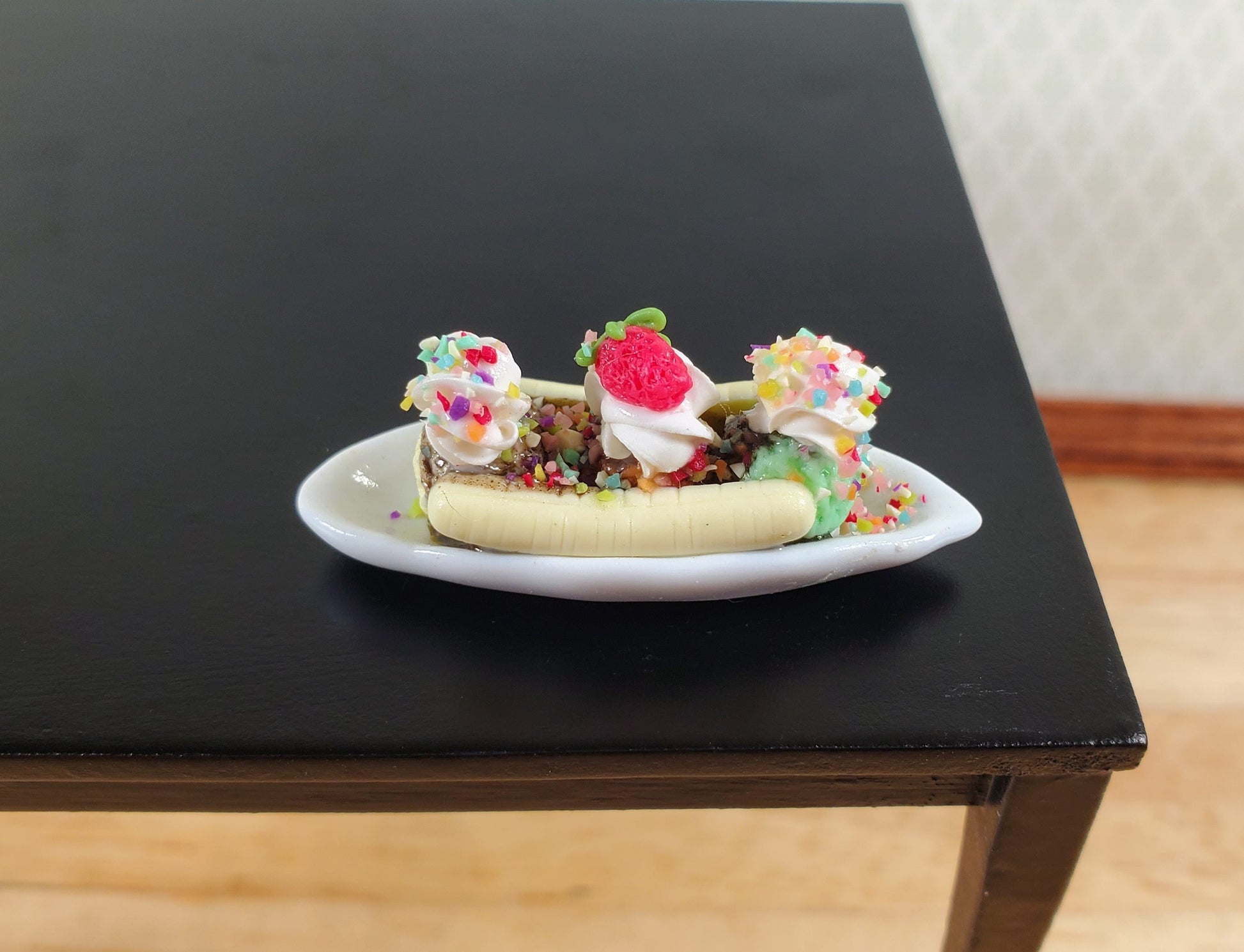 Dollhouse Banana Split Ice Cream Sundae 3 Scoops LARGE Miniature